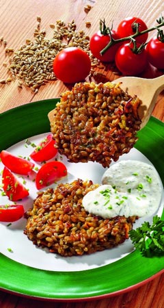 Vegetarische Grünkern-Bratlinge mit Kräuter-Dip