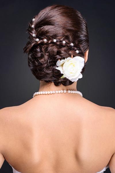 Haarschmuck für Braut und Hochzeit - Curlies mit Perlen und Rosenblüte