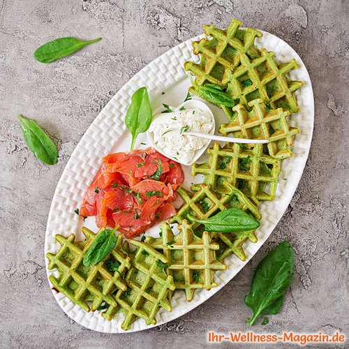 Low Carb Spinat-Waffeln mit Lachs und Quark-Dip