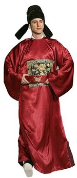 Chinesische Kleider: Ein hochrangiger Militärbeamter der Ming-Dynastie, erkennbar an seiner roten Robe mit appliziertem Raubtiermotiv und der Beamtenmütze