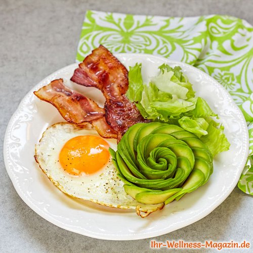 Low Carb Spiegelei mit Speck und Avocado-Rose