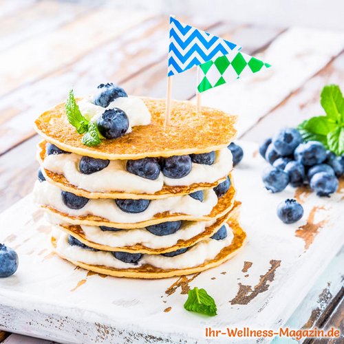 Low Carb Pancake-Turm mit Quark und Blaubeeren