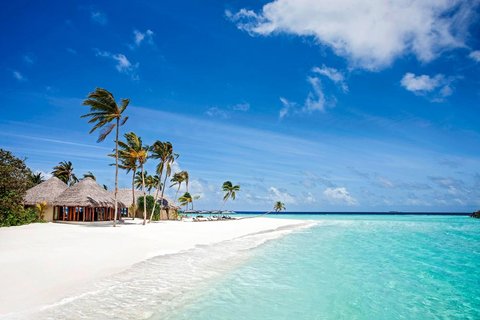Malediven Insel Halaveli im Nord Ari Atoll: Weißer Strand und ein Haus am Meer