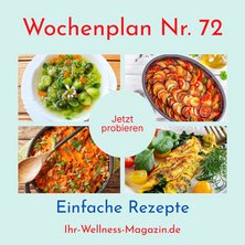 Wochenplan Nr. 72: Rezepte für Gemüsesuppe, Ratatouille-Auflauf, Omelett mit Spinat und Tomaten ...