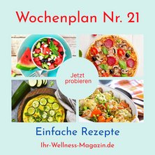 Wochenplan Nr. 21 mit Rezepten für Melonen-Feta-Salat, Zucchini-Omelett, Auflauf mit Hähnchen ...